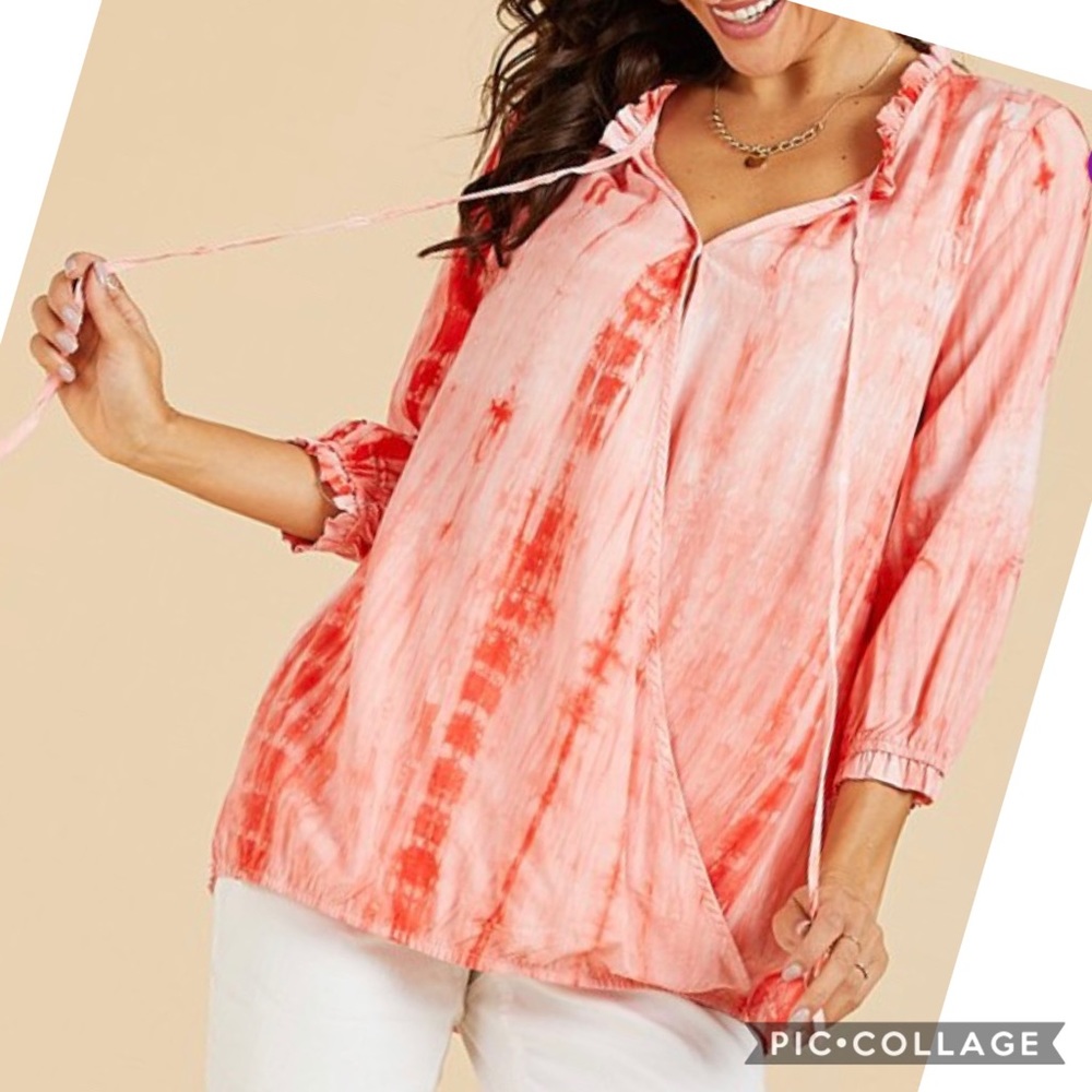 Red 3/4 Sleeve Tie-Dye Ruffle-Trim Top, S